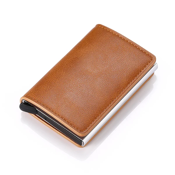 Brown K9109 Bycobecy держатель для карт бумажник на кнопке RFID Блокировка винтажные кошельки Кредитная карта всплывающая защитная карта чехол тонкий Противоугонный держатель ID - Цвет: Brown K9109