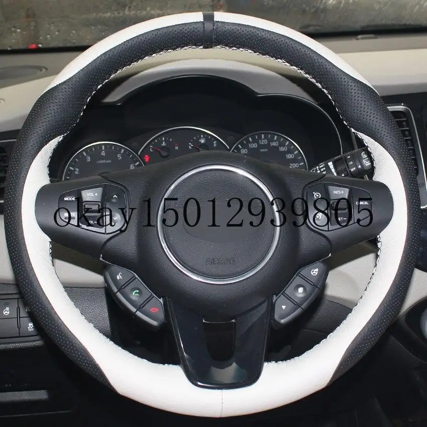 

Кожаный чехол для Kia Carens чехол рулевого колеса автомобиля 2012, белый, черный, натуральная кожа, сшитый вручную, 2013