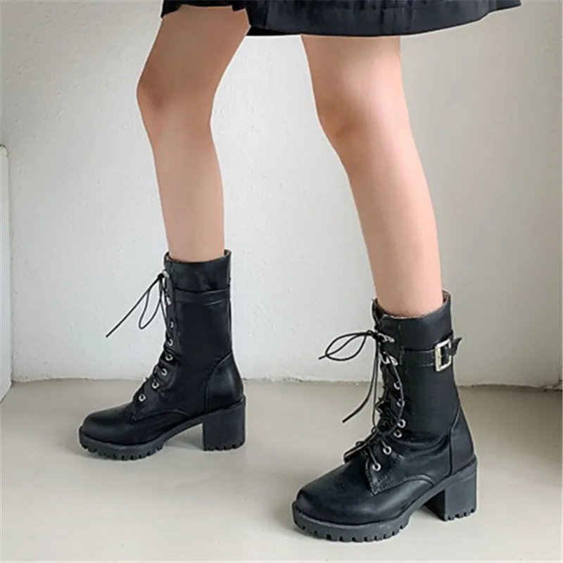 Женские ботильоны в стиле милитари PXELENA мотоциклетные ботинки на блочном высоком