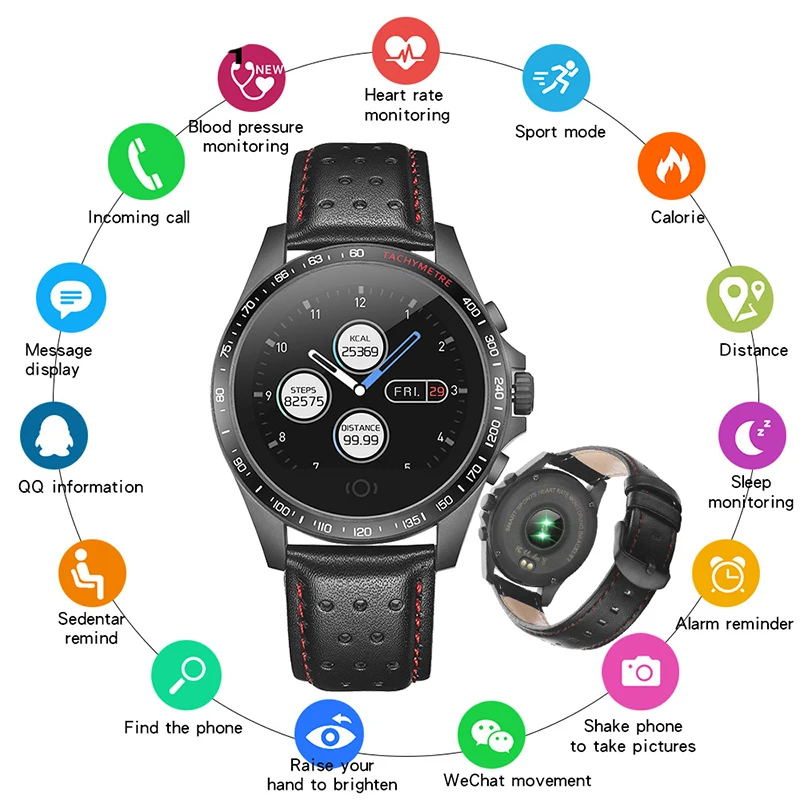 Мужские часы браслет с кожаным ремешком и монитором сердечного ритма фитнес