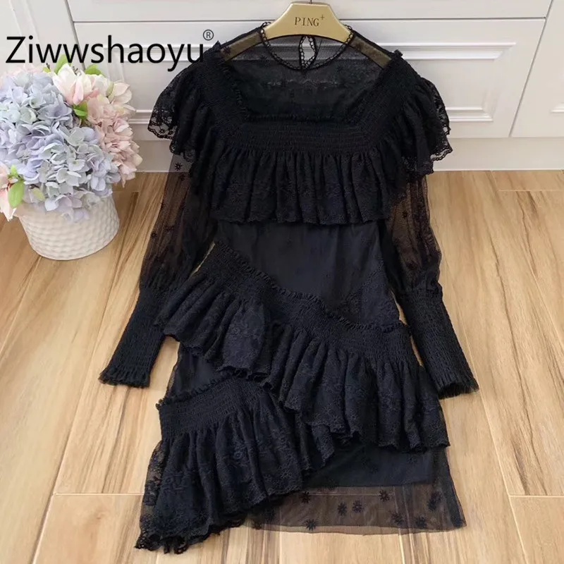 Черный Ziwwshaoyu Подиум Boho Woemn's Mesh Мини платья изысканная вышивка необычное платье для вечеринки - Цвет: Черный
