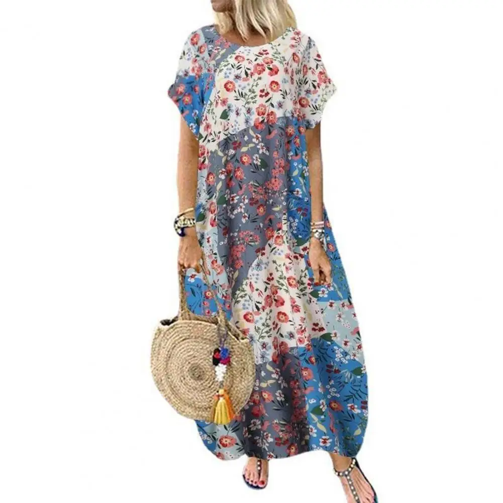 

Elegant Women Dress Vintage Floral Print Round Neck Loose Maxi Dresses Batwing Sleeve Plus Size Loose Waist Casual Dress