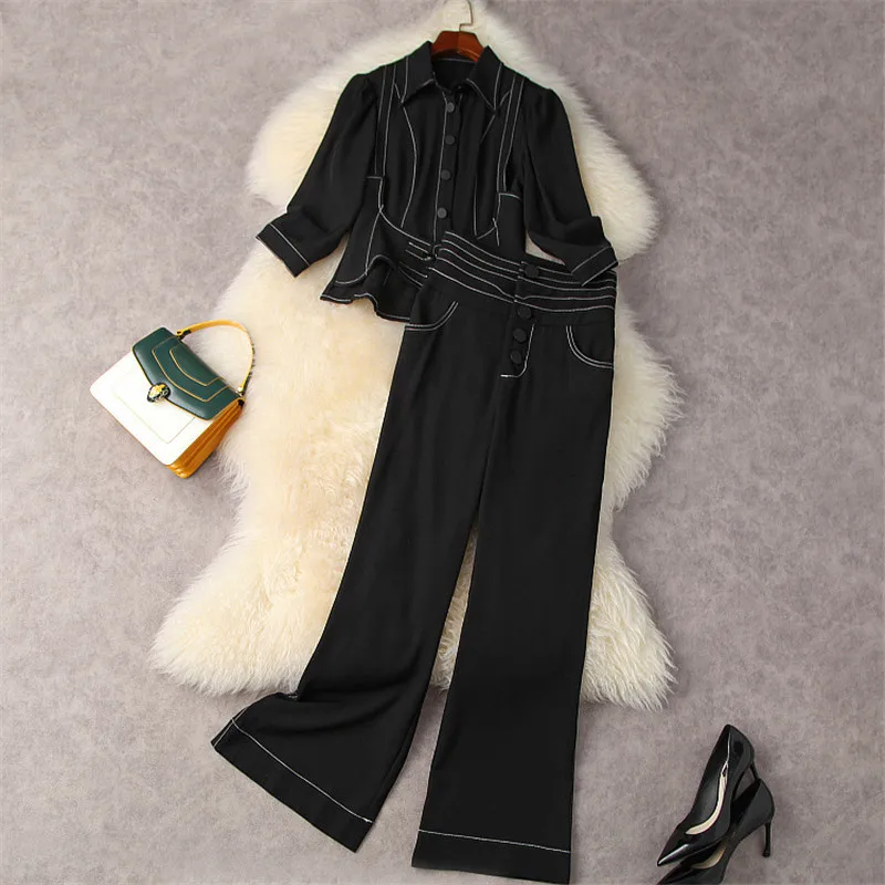 Women Autumn Elegant Office Lady Black Two Piece Outfit Fashion Designer Bright Line Decoration Blouse Pants Suit Matching Sets