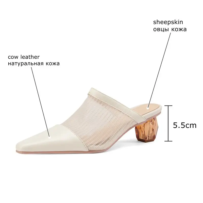 

ALLBITEFO Size 34-43 Mesh + Genuine Leather Cool Breathable Women Slippers Summer Sexy Slingback Flip Flops Women Heels Shoes