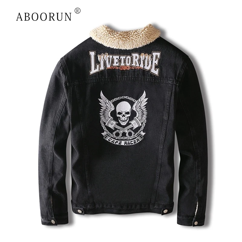

Мужские зимние джинсовые куртки ABOORUN 2020, шерстяные пальто с принтом черепа, черные мотоциклетные куртки, парка для мужчин