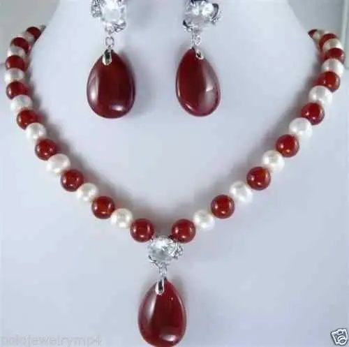 

Hot sale new Style Jewelry White Pearl Red jade crystal pendants Necklace Earring Set