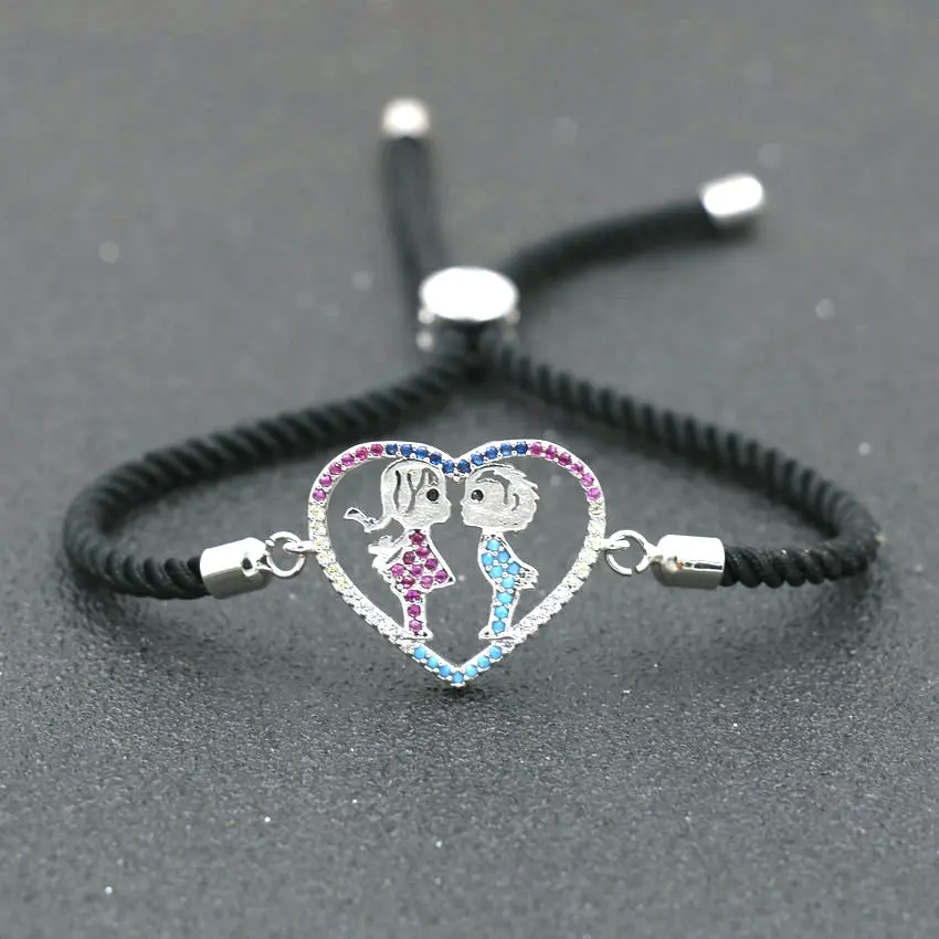 Романтический браслет для пары серебристый циркониевый любящее сердце