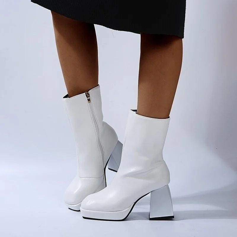 

2021 Winter Women's Boots Shiny Patent Leather Mid-tube Boots High Heels Ladies Shoes Red White Black Boots Shoes Large Size