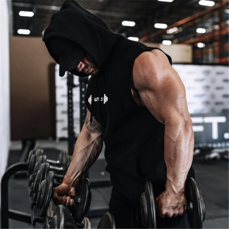 Новая модная мужская рубашка без рукавов с капюшоном для тренажерных залов