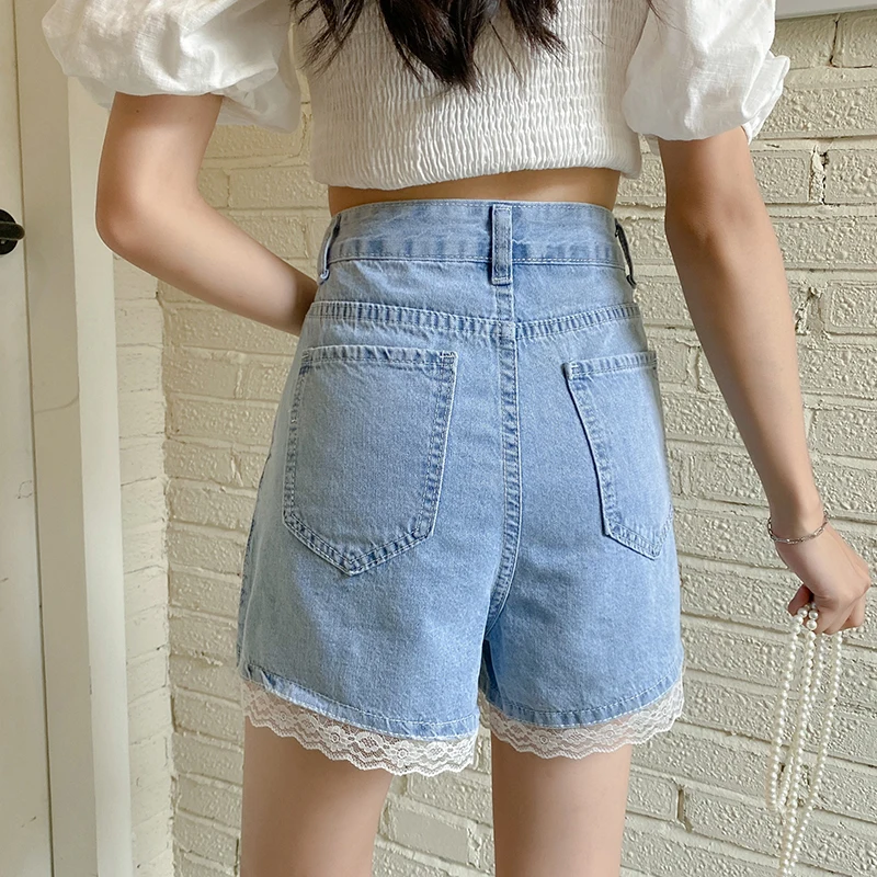 

Pearl Beading Lace Jeans Shorts Women High Waist Front Split Fashion Sexy Summer Shorts Plus Size Blue Denim Shorts Streetwear