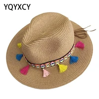 hat women beach summer hats for women straw wide brim color tassel chain men panama beach bucket sun hat lady floppy