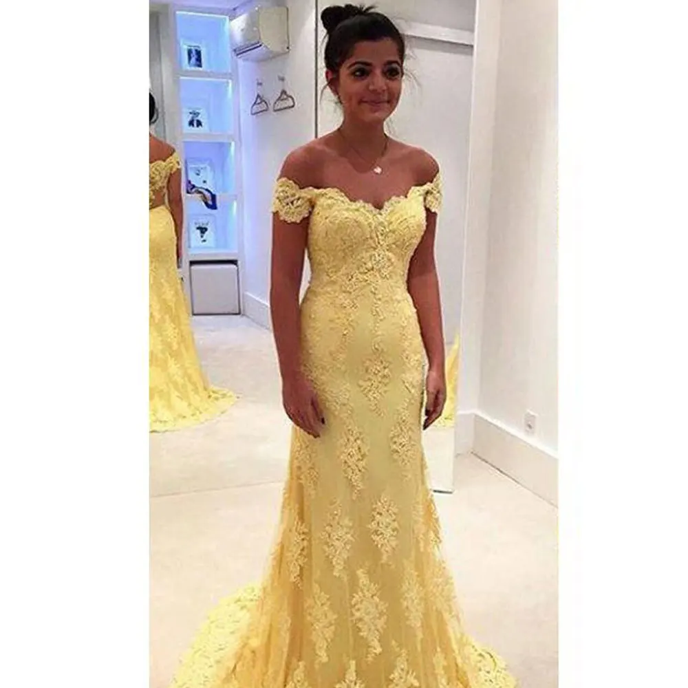 

Yellow Mermaid / Trumpet horizontal neck Sweep/Brush Floor length Applique Off-the-shoulder Sleeveless Evening Dresses