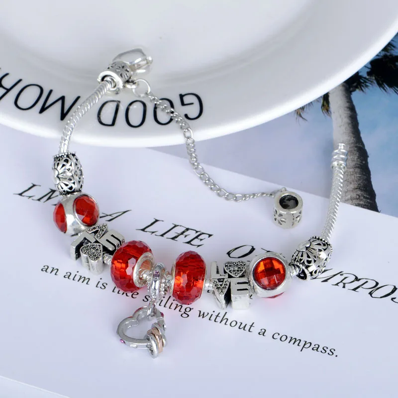 

2020 new Pan family style glass bead bracelet diy red glass bead bracelet Love crystal bead bracelet Valentine's gift