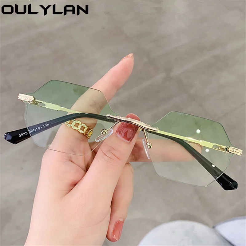 

Oulylan Vintage Rimless Sunglasses Men Women Fashion Design Gradient Sun Glasses Ladies Metal Polygon Eyewear Shades UV400