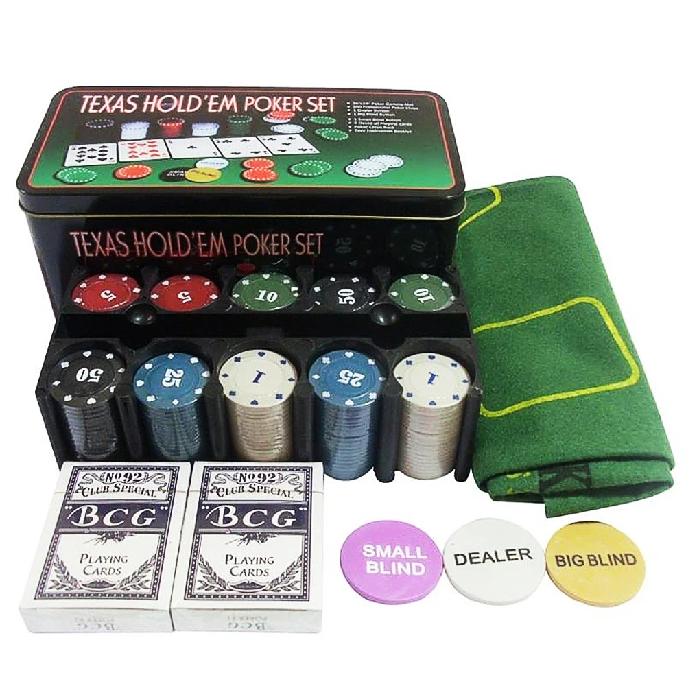 

Ensemble de jeux de Poker Texas Hold'em, 200 pices, avec tapis, puces, cartes et bote cadeau