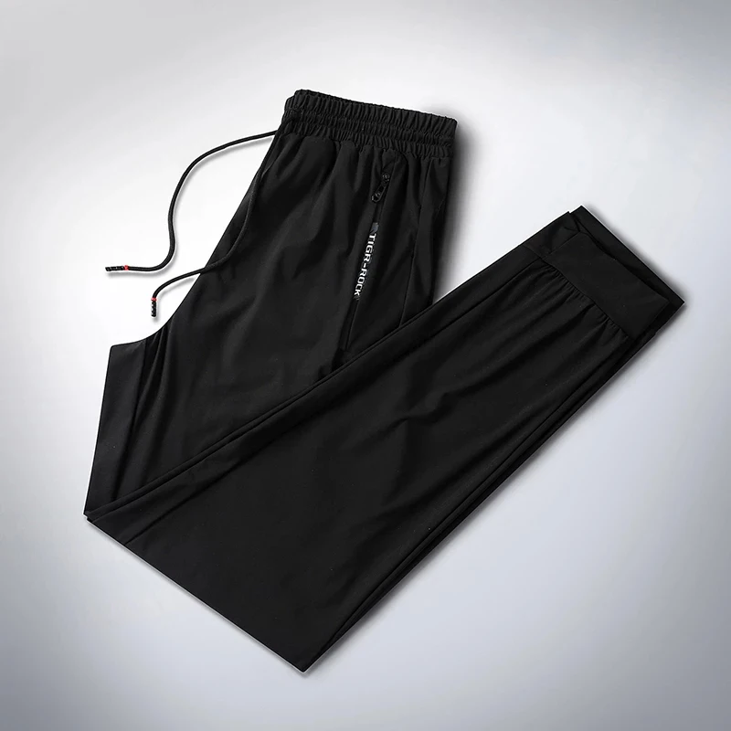 

Summer Ice Silk Sweatpants Men Quick Dry Breathable Loose Fitness Belted Straight Pants Slim Stretch Cool Men Pants -40