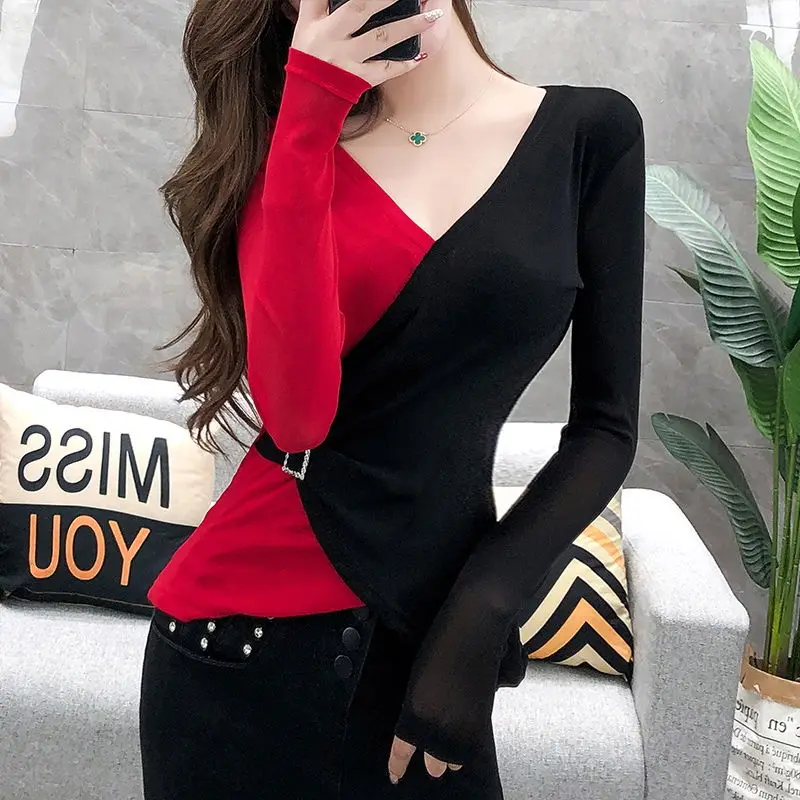 

Autumn and winter new style stitching t-shirt women long-sleeved light-cooked jacket and cashmere undershirt