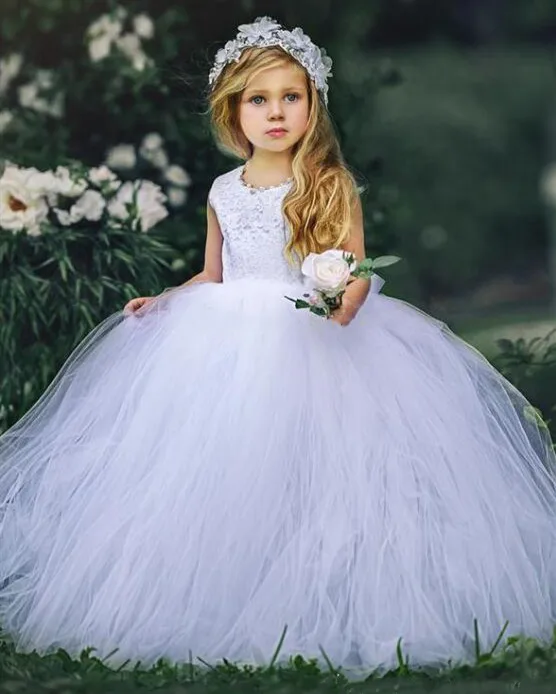 

White Puffy Flower Girl Dress for Wedding Lace Top O Neck Little Princess First Communion Dress Birthday Party Gown