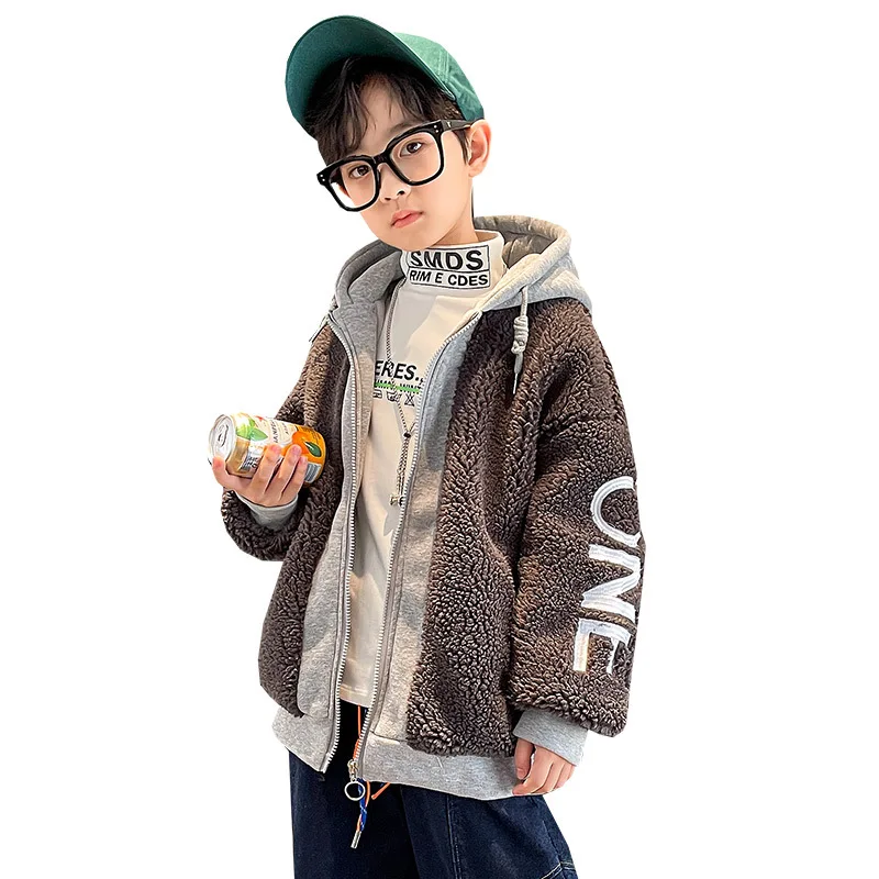 

Lamb wool coat boys winter new Korean version of loose grain cardigan plus velvet thick lamb wool top