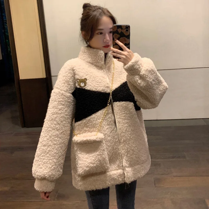 

Lamb Plush Zipper Jacket Tops Female Fashion 2021 Autumn Winter Plus Cashmere Student Korean Loose Sweatshirts Women Streetwear