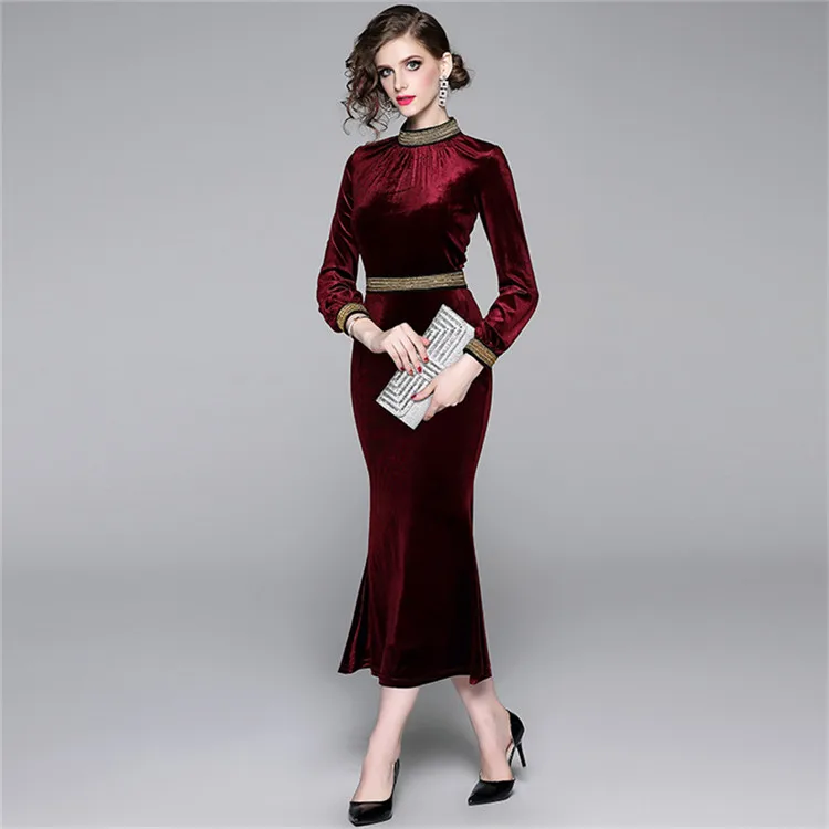 wine red Весенние зимние платья женские с длинным рукавом винтажное бархатное платье Подиум Сексуальные вечерние платья бодикон платье для женщин Vestidos - Цвет: wine red