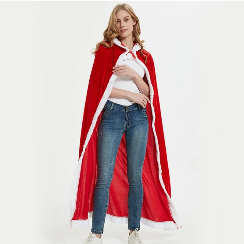 

Adult Kids Merry Christmas Red Velvet Long Hooded Cloak Robe Santa Claus Pompom Open Front Cape Xmas Holiday Party Cosplay Costu