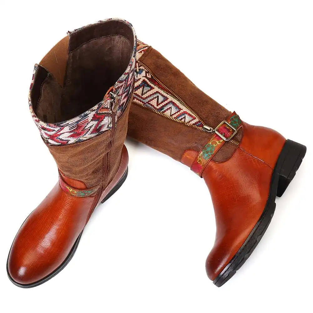 SOCOFY Botas mujer; ботинки из натуральной кожи с квадратным узором; ботинки до середины икры на мягкой плоской подошве; обувь на каблуке; женская зимняя обувь
