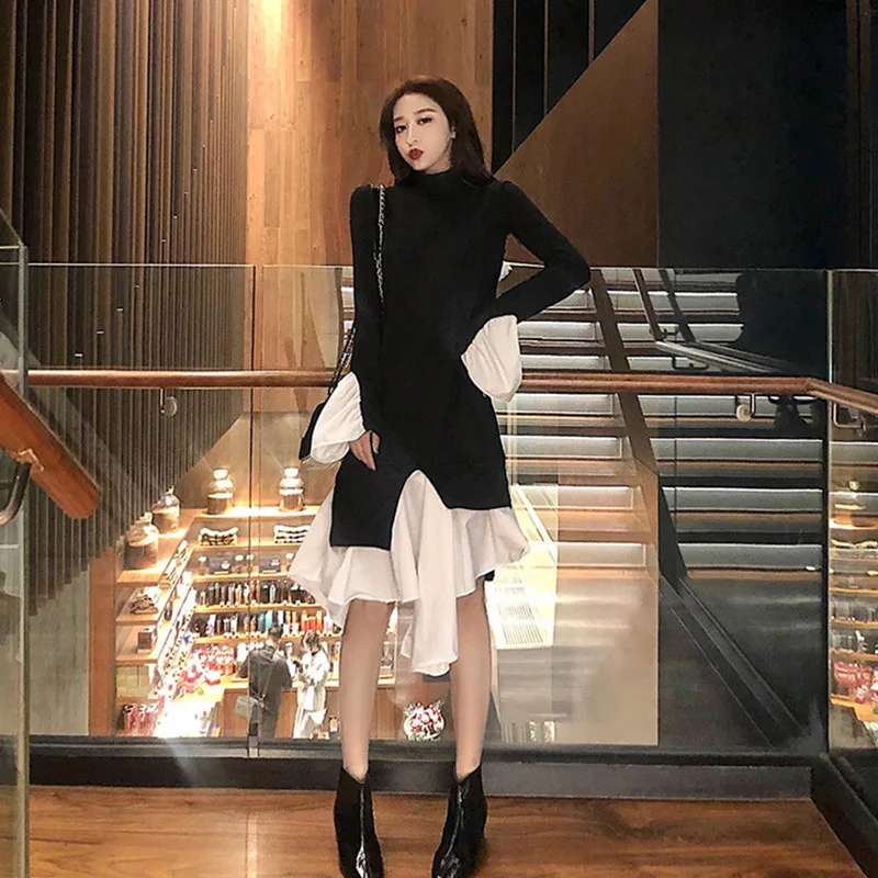 

Fashion Elegance Ladies New Autumn Full Sleeve Knitted Slim Dress Women New Style Irregular Patchwork Woman Dress Cloths SL222