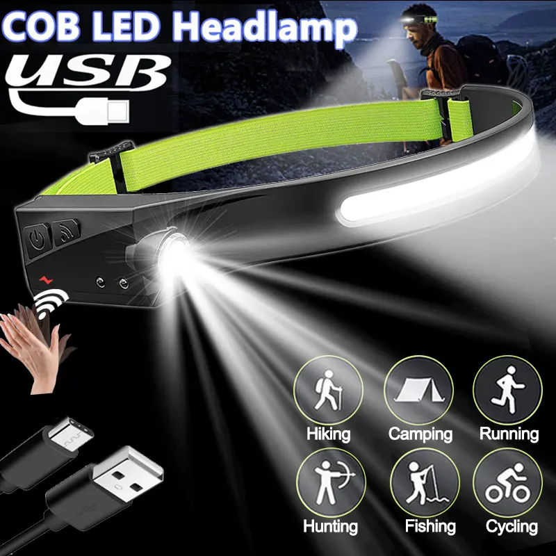 

5 Colors Powerful COB+XPG Induction Headlamp 5 Lighting Modes LED Sensor Head Light Built-in Battery Flashlight USB Rechargeable