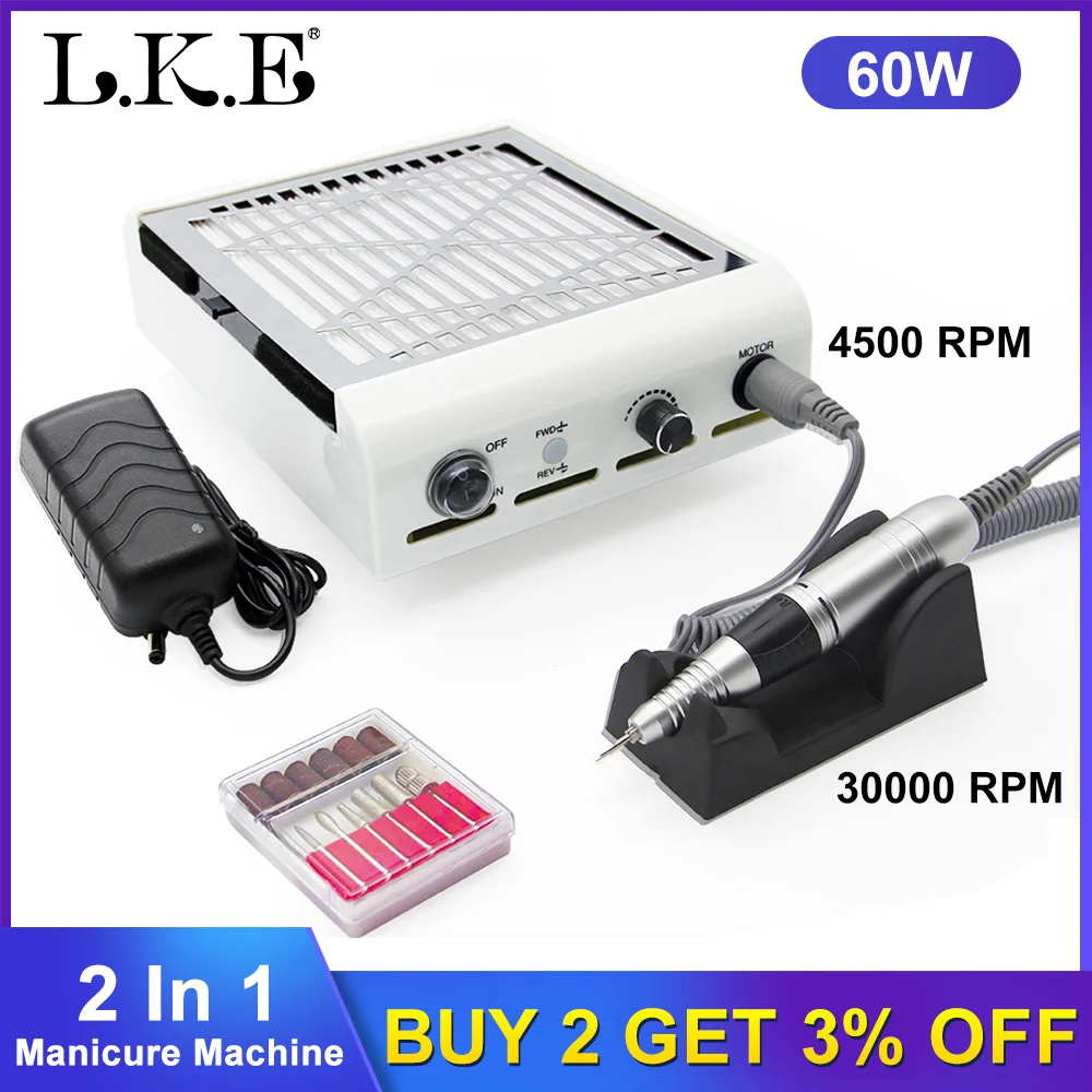 LKE 2 in 1 Nail Drill Nail Vacuum Cleaner Dust Collector Polishing Pen Nails 30000RPM Art Equipment Manicure Pedicure Machine