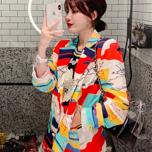 2019 Autumn Korea Thin Blazer Women Long Sleeve Notched Printing Flower multicolor V Neck Pocket Floral Jacket Coat | Женская одежда