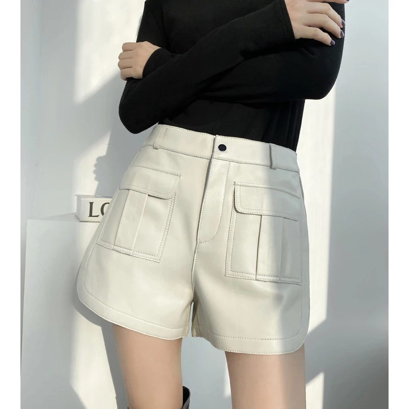 

Genuine leather shorts women high waist 2021 new fashion ladies Wide Leg Biker Shorts femme casual style