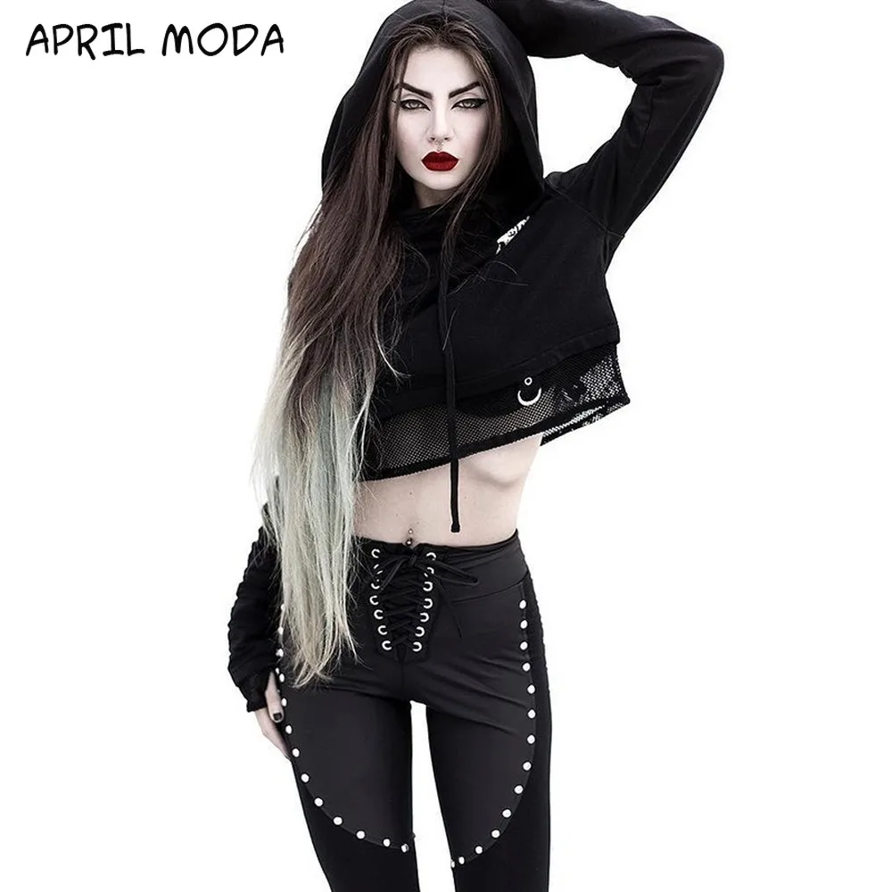 

2021 Fashion Women Tracksuit Cotton Autumn Gothic Crop Top Hoodies Streetwears Stitching Chain Non-mainstream Women's Sweatshirt
