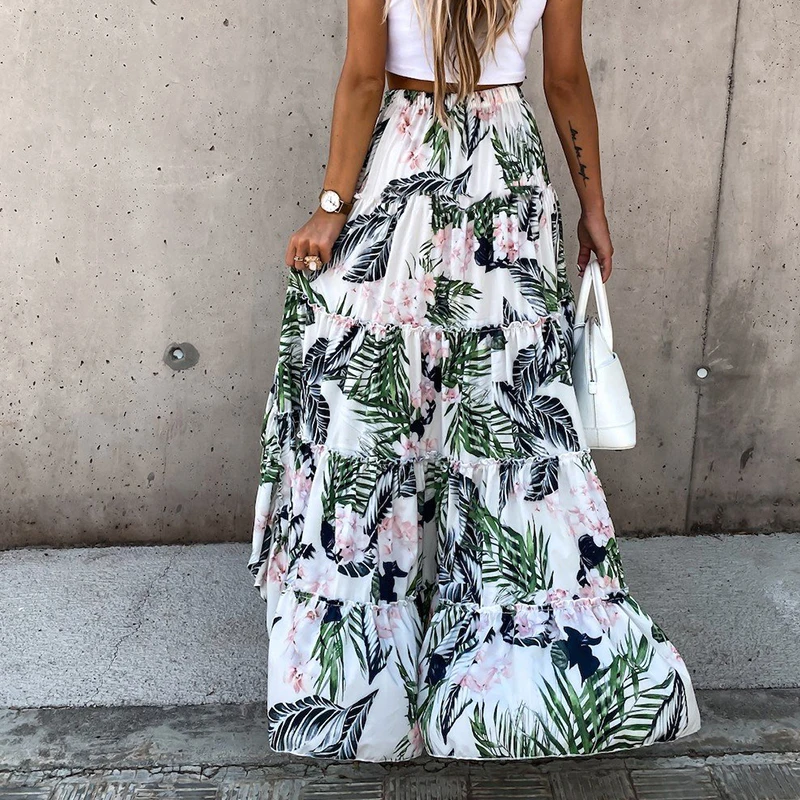 

Bohemian Asymmetrical Women Long Skirt Summer Beach Style Floral Printed High Waist Casual Skirt Ins New Arrival Skirt 2021