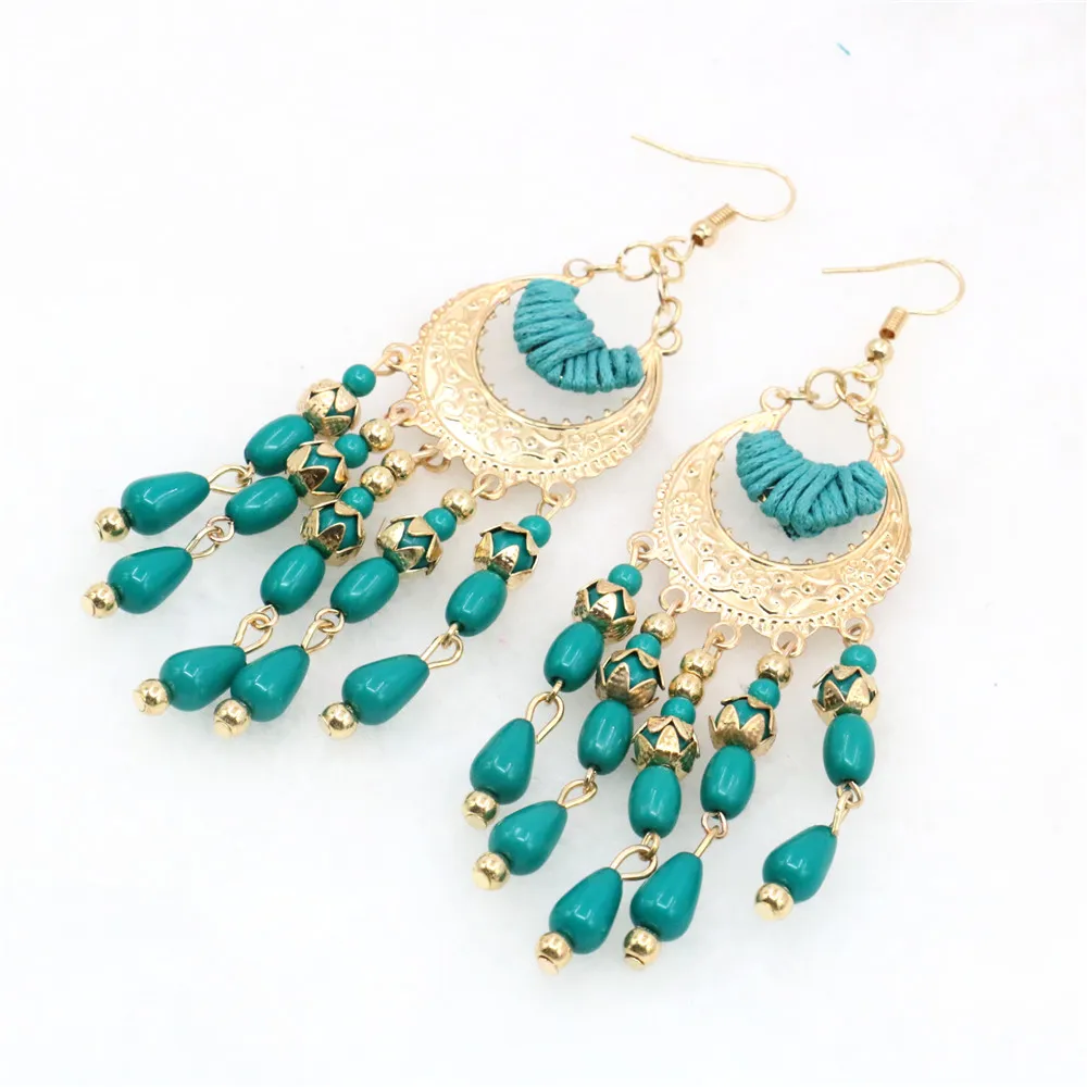 Женские серьги-подвески M375 простые этнические зеленые серьги с длинной