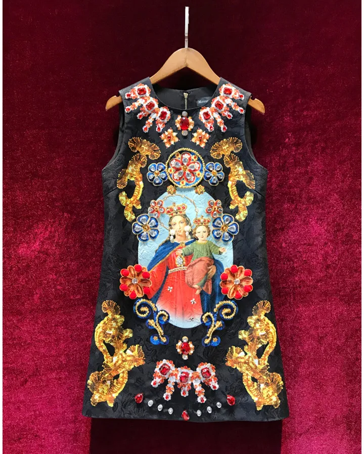 

Women Jacquard Dress Vintage Royal Print Loose Tank Dress Luxury Handmade Beading Formal High Quality Vestidos New Arrival