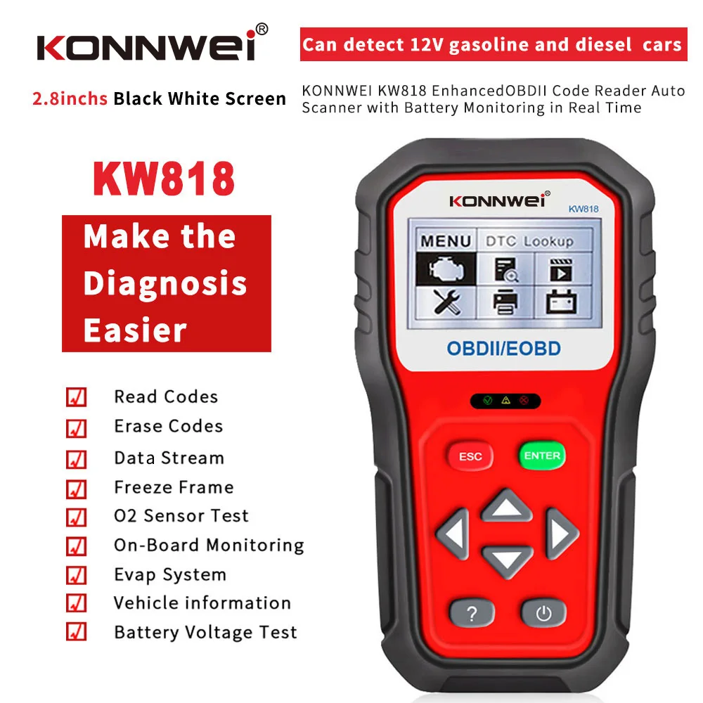 

KONNWEI KW818 Enhanced OBDII ODB2 EOBD Car Diagnostic Scanner 12V Battery Tester Check Engine Engine Automotive Code Reader Tool