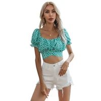 womens blouses floral print chiffon blouse women shirts short sleeve lace up blouse top summer sweet cropped blouses