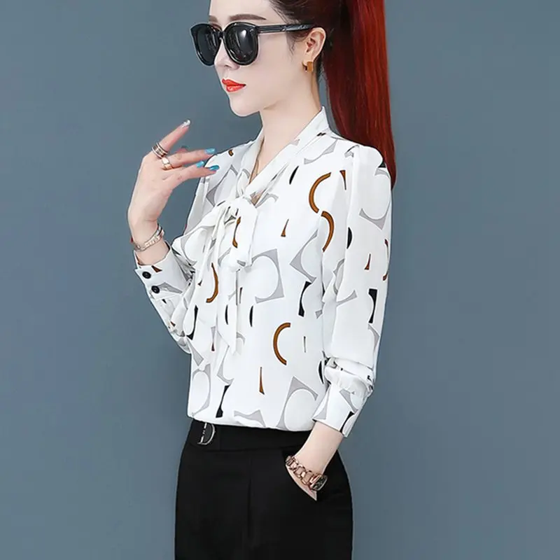 Женские рубашки INWPLLR шифоновые Блузы с принтом женские блузы бантом и длинным