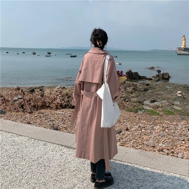 

Women Spring Pink Trench Coat Loose Size Over Knee Length Windbreaker Outwear With Belt 2021 Female Clothing