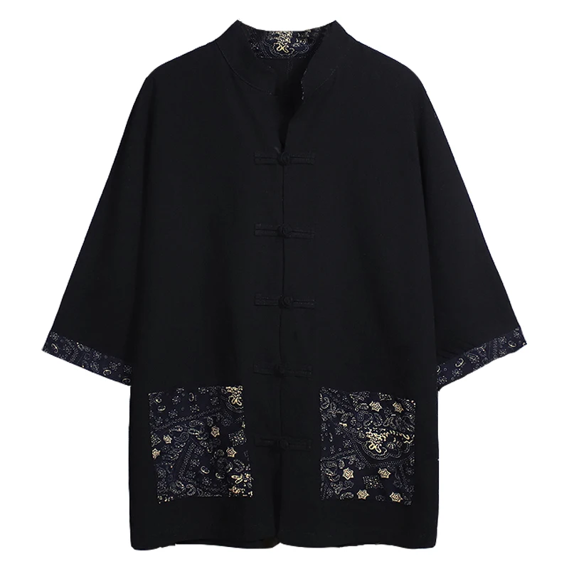

Sinicism Store Black Patchwork Chinese Style Shirt Mens Fashion 2020 Summer Print Mens Shirts Male Whiter Buckle Shirt Clothing