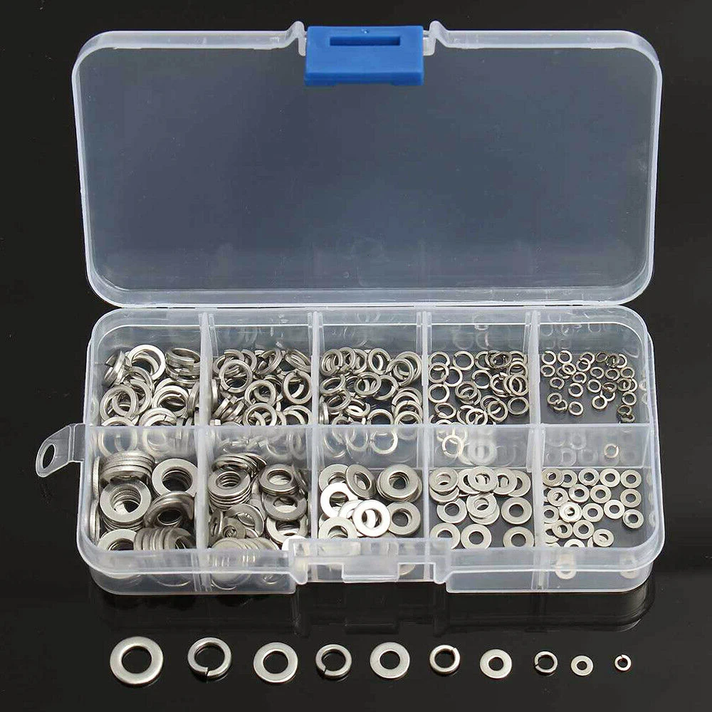 

800pcs M4-M12 Spring Washers Kit Plain Gasket Assortment Flat Washers Kits Stainless Steel Gaskets Spacers Screw Bolt Fastener