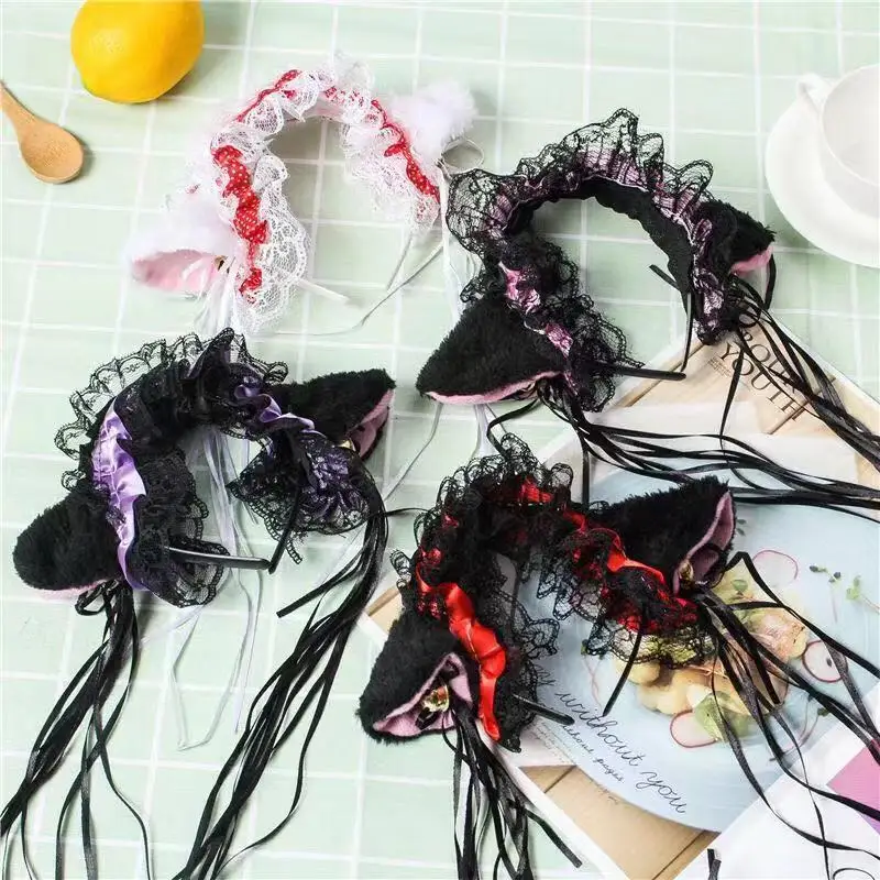 Женская Кружевная повязка на голову с плюшевыми кроличьими и кошачьими ушками
