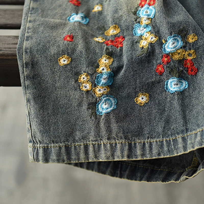 

Women Jeans Denim Pants Embroidery Mori Girl Wide Leg Elastic Waist for Summer Loose Oversize Bleached Retro Vintage B01221634