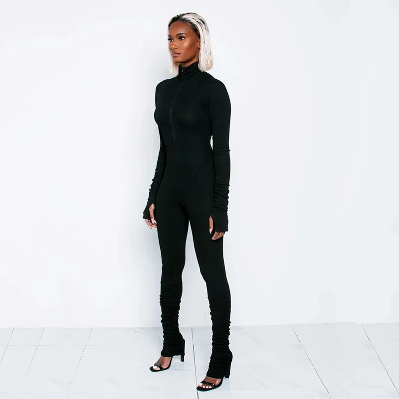 

2020 Sexy Women Jumpsuit Party Club Rompers Zippers High Collar Long Sleeve Stretchy Jumpsuit Playsuit Overalls Solid Color
