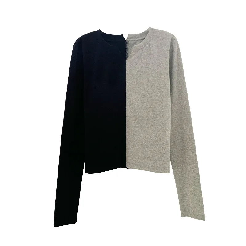 

Contrast Color Tops Women Long Sleeve T Shirt Fashion Two Tone Pieced Cotton Tees M