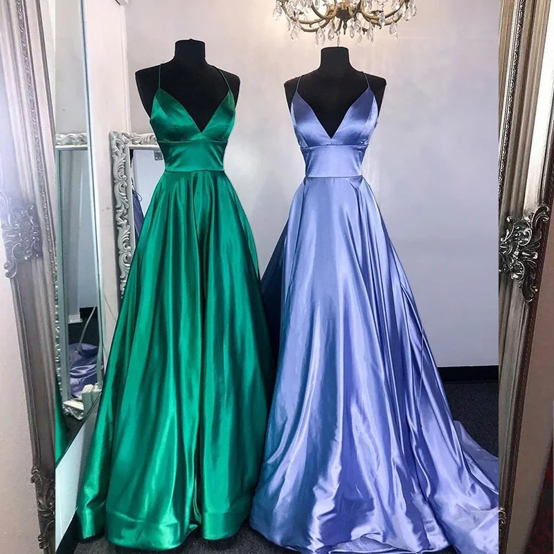 

New Simple Straps Long Prom Dresses 2020 Green Satin Backless Formal Evening Gown Robe de Soiree