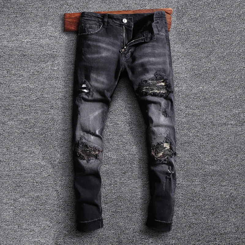 Street Style Fashion Men Jeans Retro Black Gray Elastic Slim Fit Destroyed Ripped Jeans Men Patch Designer Hip Hop Denim Pants
