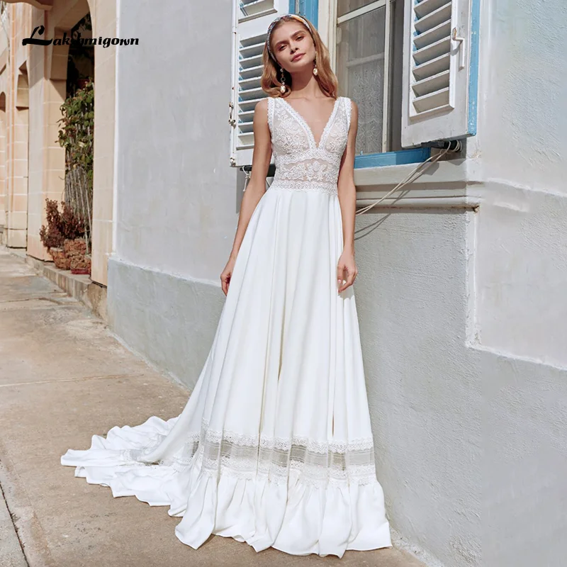 

Lakshmigown богемное свадебное платье 2021 V образным вырезом Boho кружевное платье невесты платье шифон пляж свадебное платье vestido de novia по индивидуа...