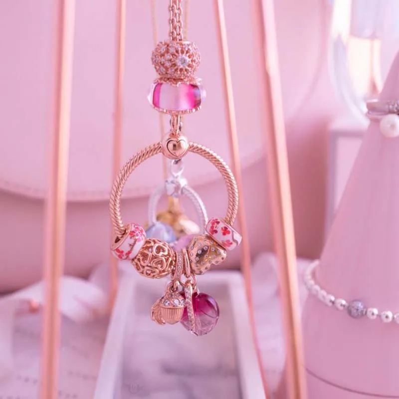 Hot 925 Sterling Silver Pink Rose-golden Sparkling Flower Pavé Leaf Charm Beads fit Original Pandora Bracelets Women Jewelry | Украшения и